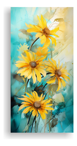 80x40cm Cuadro Moderno Flores Topinambur Amarillo Turquesa D