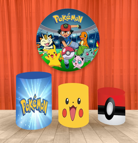 Painel Redondo E Trio Capa De Cilindro Pokemon Sublimado 3d