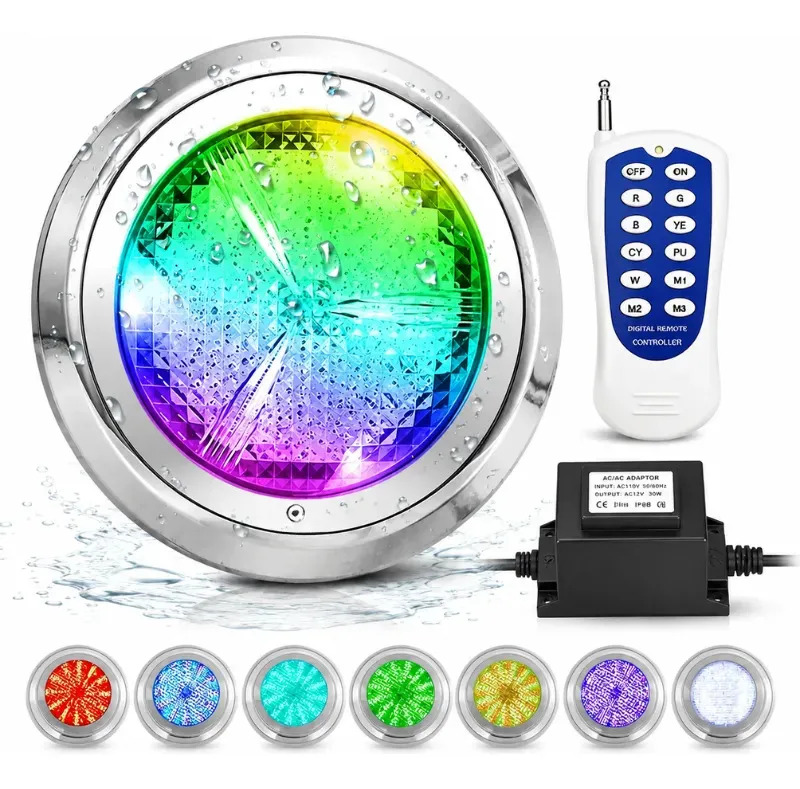 Luz LED RGB para Alberca de 30W con Transformador y Control Remoto