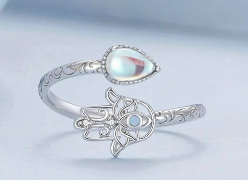 Anillo Mujer De Plata S925, Ajustable, Mano De Fátima, Jamsa
