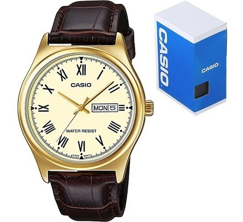 Reloj Casio Mtpv006 Piel Cara Dorada - Doble Fechador 