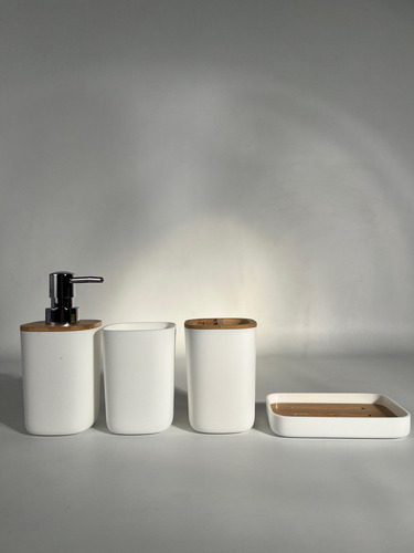 Set De Baño Kit X 4 Piezas Bambú Plástico Deco Color Blanco