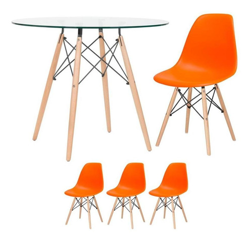 Kit Mesa Eames Wood 90 Cm Tampo Vidro E 3 Cadeiras Dsw Cor da tampa Laranja