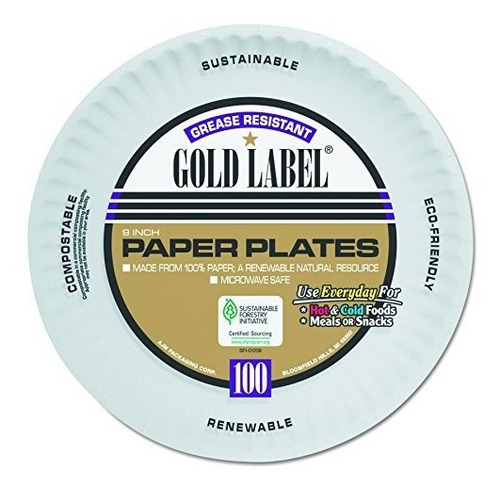 Ajm Embalaje Cp9goawh Gold Label Coated Paper Plate, Diámetr