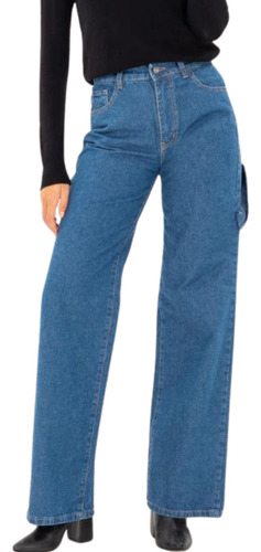 Jeans Wide Leg Rigido Mujer Azul Carpintero Calce Tiro Alto