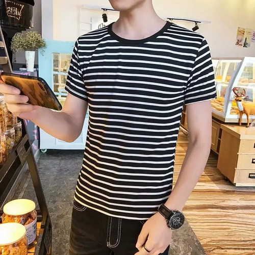 Camiseta De Manga Corta A Rayas A Rayas Para Hombre, Ropa De