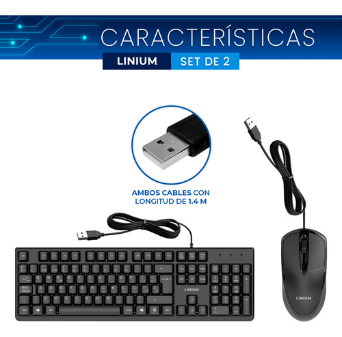 Set De 2 Teclado Y Mouse Kit Combo Alambrico Linium Oficina