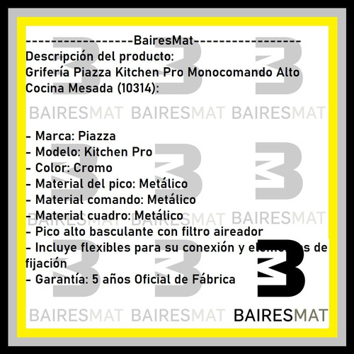Imagen 4 de 6 de Griferia Cocina Monocomando Piazza Kitchen Pico Alto 10314