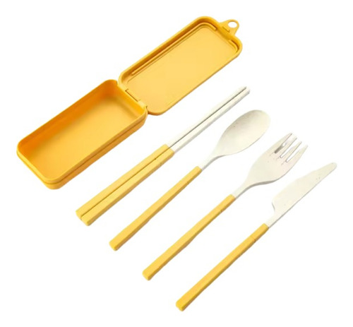 Juego De Cubiertos Portátiles Con Estuche Colores Set Comida Amarillo