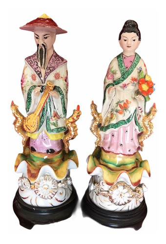 Pareja De Figuras Oriental Antiguas De Porcelana Estatuas