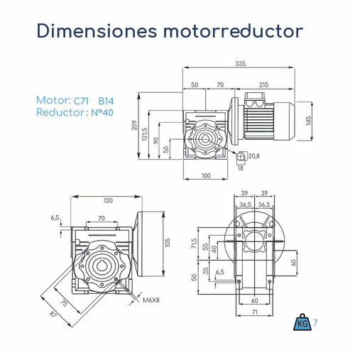 Motorreductor Trifásico 0,5hp Caja 40 1:25 60rpm 38n.m