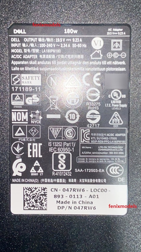 Cargador Laptop Dell Alienware R2 R3 R4 R5 (Usado)