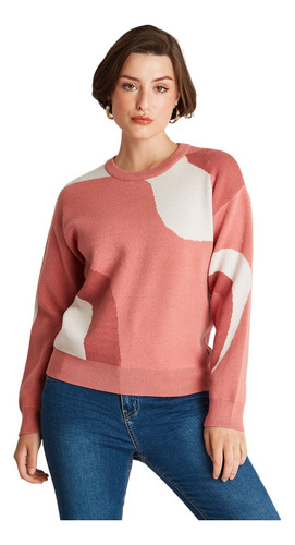 Sweater Cuello Redondo Con Diseño Rosado