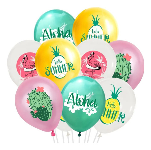 Set 12 Globos De Latex Fiesta Tropical Hawai Aloha