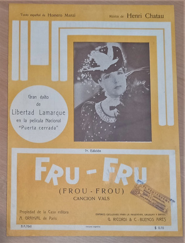 Antigua Partitura Vals Fru Fru. H. Manzi. Lotes X 5 A Elegir