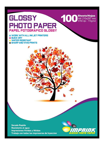 Papel Fotografico Glossy A4 115gr Brillante 300 Hojas