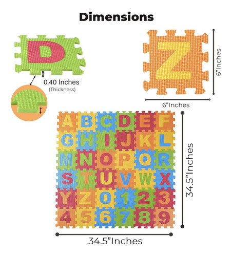 Dimple Alfombrilla De Juego De Espuma Para Niños (juego De 36 Piezas) De 15,25 X 16,25 Cm Entrelazado Con Alfabeto Y Números, Azulejos Coloridos De Eva Para Niñas, Suave, Reutilizable, Fácil De