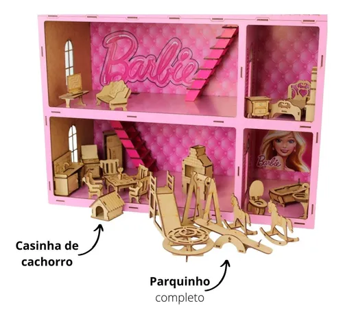 Casa Casinha Tema Barbie Adesivada Com Móveis Mdf Full