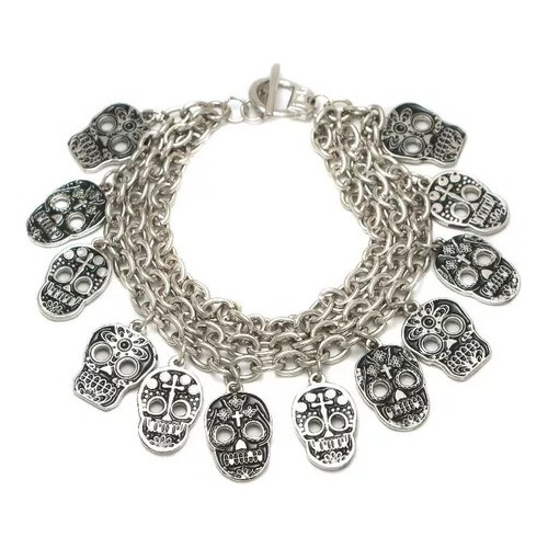 Pulsera Metálica Fiida C/dije Calavera Multicadena - P001