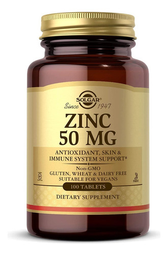 Zinc 50 Mg Piel Y Vision Saludable100 Tabletas Solgar