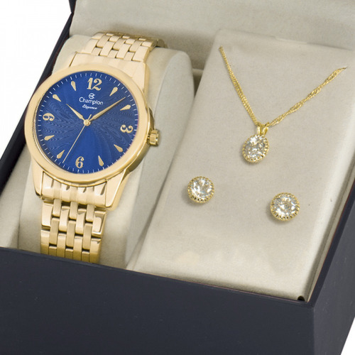 Imagem 1 de 1 de Relógio Feminino Champion Dourado Kit Colar E Brinco
