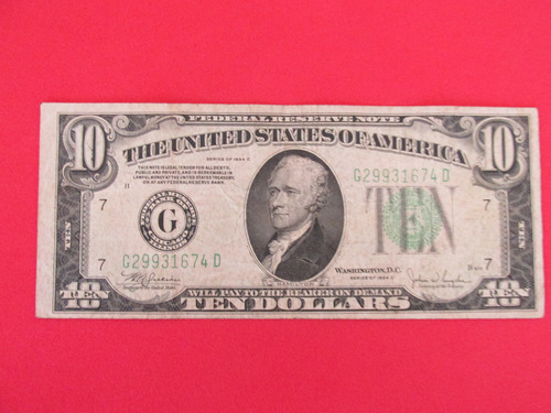 Antiguo Billete 10 Dolares Estados Unidos Año 1934 Escaso