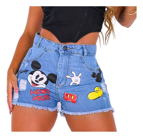 Shorts Jeans Feminino Boyfriend Silkado Mickey Desenho Minie