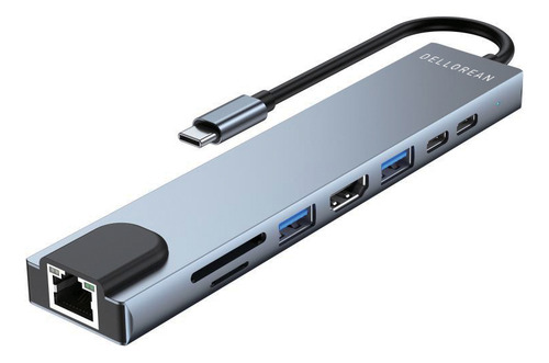 Adaptador Usb C Hub 8-en-1 Dellorean Macbook Pro Hdmi 4k Lan Color Gris