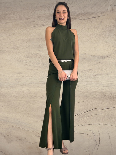 Conjunto Olivia Con Abertura ,cómodo,elegante,fiestas,mujer Verde Oscuro Xl