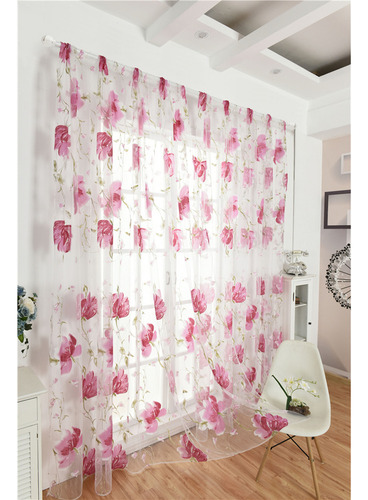 Cortina Rosa De Gasa Transparente Con Estampado De Flores, 1