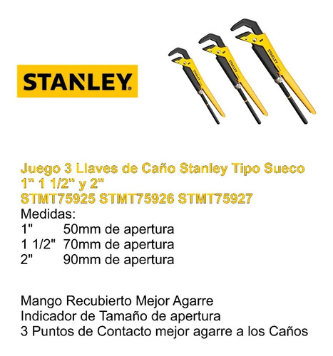 Imagen 2 de 10 de Llaves De Caño Tipo Sueco Stanley 3 Pz Juego 1¨ 1 1/2¨ Y 2¨