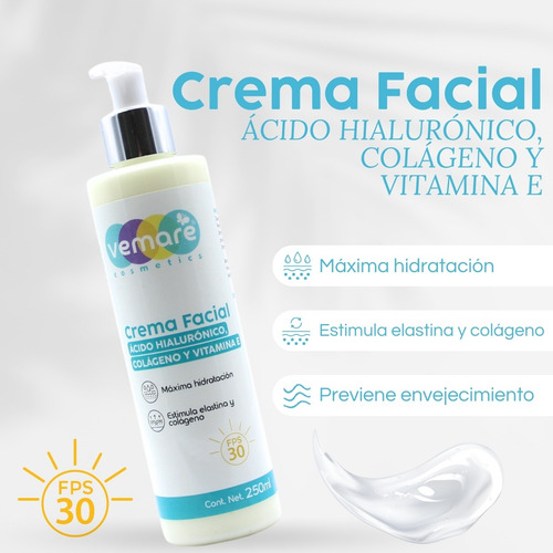 Crema De Día Ácido Hialurónico, Colágeno, Vita E Y Fps 250ml