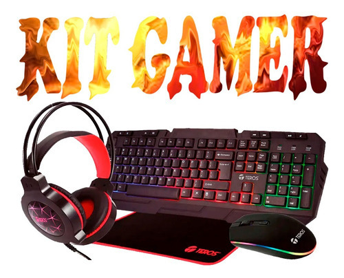 Kit Gamer Teros Te-4063n Audifonos+mouse+teclado+pad Negro