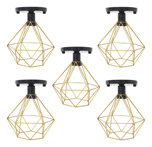 5 Lustres Plafon Industrial Diamante Aramado Retrô Sobrepor Cor Preto/Dourado