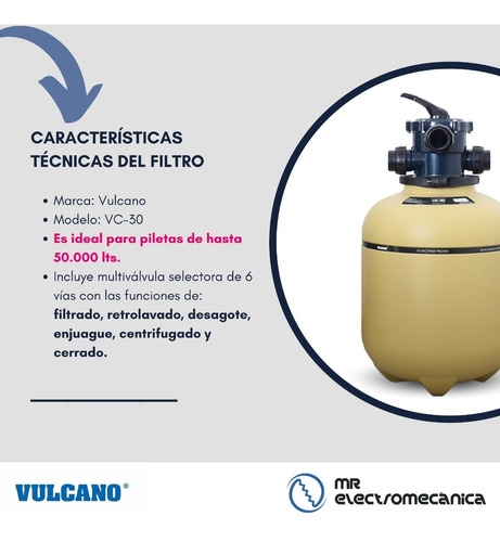 Imagen 7 de 10 de Kit Vulcano Pileta 8x4x1.5m Filtro Vc30 + Bae075 50000l 30-3