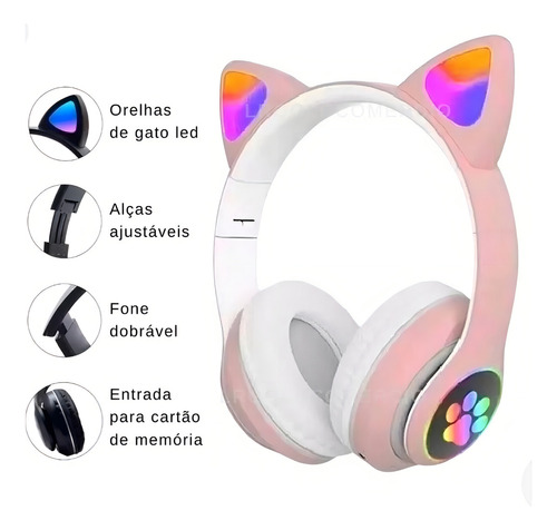 Fone de ouvido gatinho sem fio Catear D47 violeta com luz rgb LED