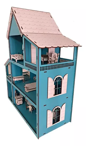 Casinha De Boneca Modelo Americana Mdf Pintada Com 30 Moveis