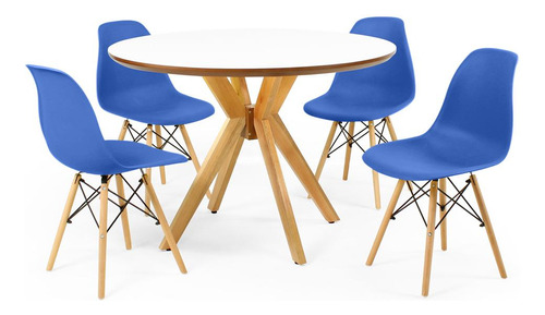 Mesa De Jantar Marci Premium Branca 100cm + 4 Cadeira Eiffel Cor Azul
