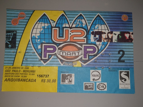 Raro Ingresso Do Show U2 São Paulo 1998 Pop Mart Tour Brasil