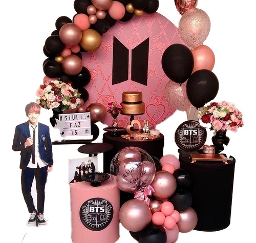 Globos Arco Negro Dorado Palo De Rosa Bts Pop Coreano