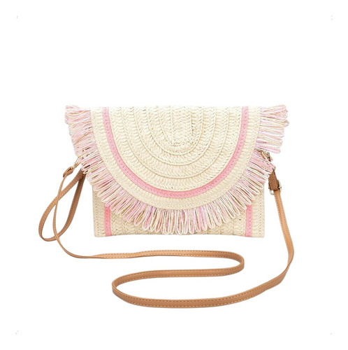 Bolso De Playa Tote Bag Cartera De Mujer Tejida A Mano Paja Acabado De Los Herrajes Dorados Color Beige Con Rosa Correa De Hombro Marrón Diseño De La Tela Tejido