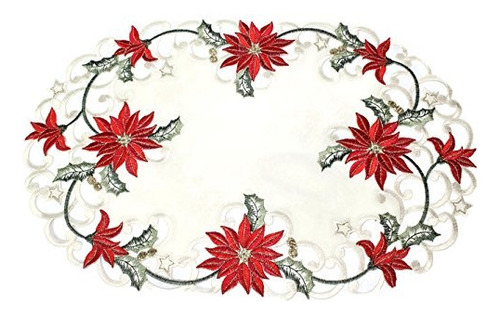 Placemat De Navidad O Tapete Bordado Con Flor De Pascua Roj