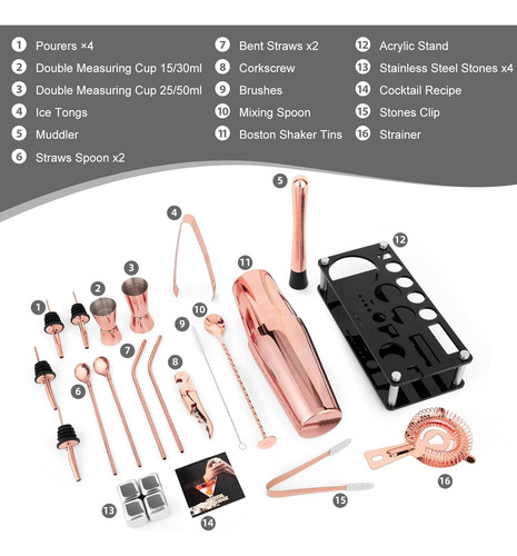 Juego Coctelero Rosa Oro Completo 14 Piezas Soporte Pro