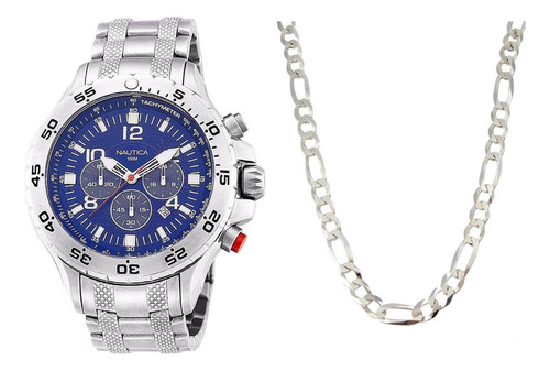 Relógio Nautica Prata Fundo Azul Aço Com Caixa + Cordao Aço