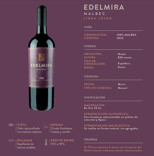 Vino Edelmira Malbec X750ml