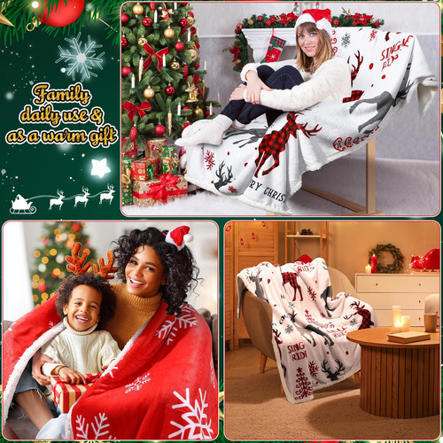 2 Mantas Navideñas Sherpa Con Reno Rojo, Árbol De Copo De Ni