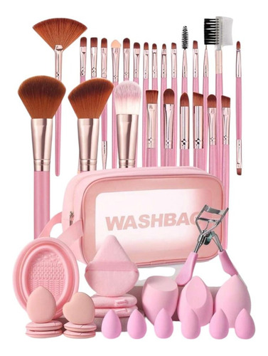 Set De 46 Pzas Brochas Esponjas Estuche Belleza Make Up Rosa