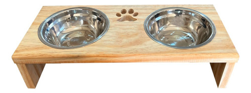 Comedouro P/ Gato Cachorro Pet Elevado Duplo 2 Potes Madeira Cor Marrom-claro