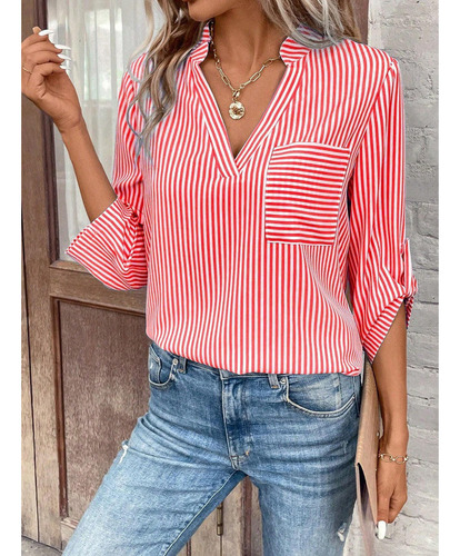 Camisa De Manga Larga A Rayas Con Cuello En V Para Mujer