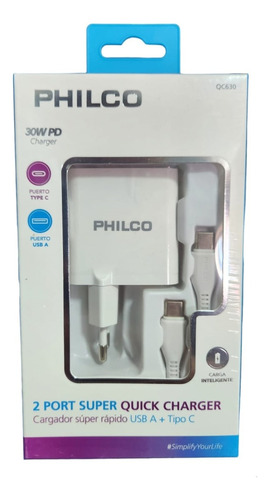 Cargador Celular Rapido 30w Usb A Y Usb C Tipo Philco Qc630